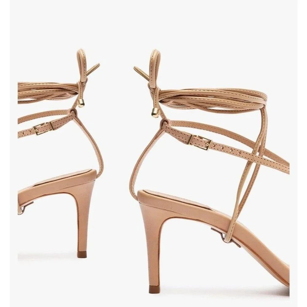 New SCHUTZ Beige Vikki Lace Up Square Thong Toe Stiletto Sandals Brazil US 9.5B - Picture 4 of 9
